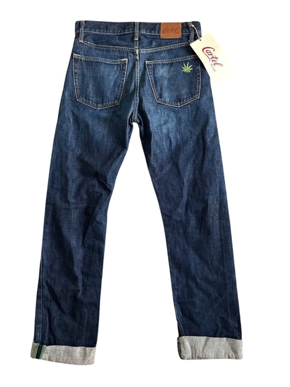 Cartel Blue Men's Sz 30x34 Straight-Leg Denim Jeans Dark Wash Cannabis Patch